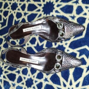 Manolo Blahnik Pointed Toe Snakeskin Pattern with gems Slingback Shoes size 37
